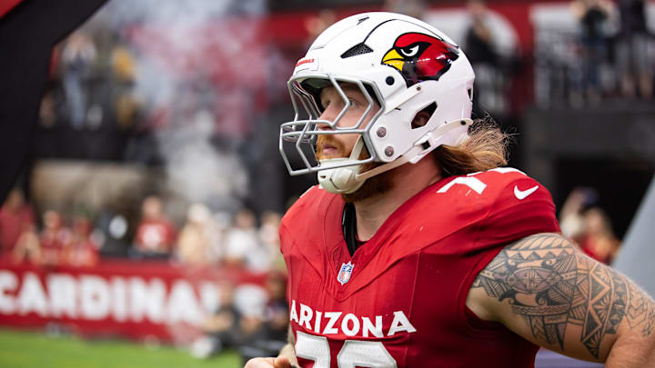Sep 29, 2024; Glendale, Arizona, USA; Arizona Cardinals guard Hjalte Froholdt (72) against the Washington Commanders at State Farm Stadium. Mandatory Credit: Mark J. Rebilas-Imagn Images Sep 29, 2024; Glendale, Arizona, USA; Arizona Cardinals guard Hjalte Froholdt (72) against the Washington Commanders at State Farm Stadium. Mandatory Credit: Mark J. Rebilas-Imagn Images