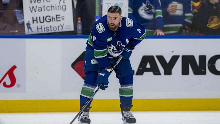 Nov 12, 2024; Vancouver, British Columbia, CAN; Vancouver Canucks defenseman Filip Hronek (17) warms up prior to a game against the Calgary Flames at Rogers Arena. Mandatory Credit: Bob Frid-Imagn Images