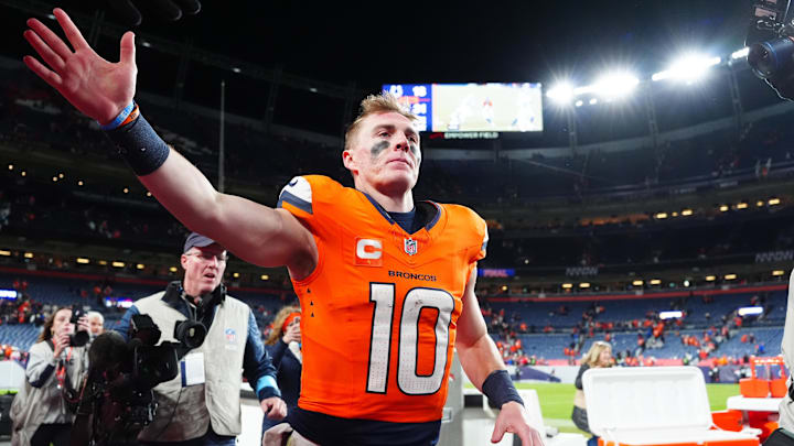 Dec 15, 2024; Denver, Colorado, USA; Denver Broncos quarterback Bo Nix (10) following the game against the Indianapolis Colts at Empower Field at Mile High. Dec 15, 2024; Denver, Colorado, USA; Denver Broncos quarterback Bo Nix (10) following the game against the Indianapolis Colts at Empower Field at Mile High.