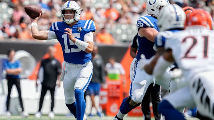 Indianapolis Colts quarterback Riley Leonard (15) looks to pass Saturday, Aug. 23, 2025, during a game against the Cincinnati Bengals at Paycor Stadium in Cincinnati.