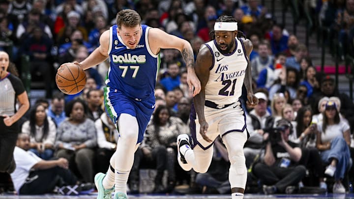 Dec 25, 2022; Dallas, Texas, USA; Dallas Mavericks guard Luka Doncic (77) and Los Angeles Lakers guard Patrick Beverley (21) in action during the game between the Dallas Mavericks and the Los Angeles Lakers at American Airlines Center. Mandatory Credit: Jerome Miron-Imagn Images Dec 25, 2022; Dallas, Texas, USA; Dallas Mavericks guard Luka Doncic (77) and Los Angeles Lakers guard Patrick Beverley (21) in action during the game between the Dallas Mavericks and the Los Angeles Lakers at American Airlines Center. Mandatory Credit: Jerome Miron-Imagn Images