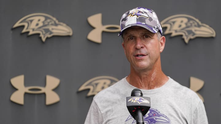 Baltimore Ravens head coach John Harbaugh speaks to the media.