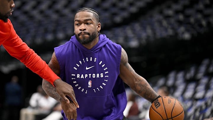 Apr 11, 2025; Dallas, Texas, USA; Toronto Raptors guard Jamal Shead (23) warms up before the game against the Dallas Mavericks at the American Airlines Center. Mandatory Credit: Jerome Miron-Imagn Images Apr 11, 2025; Dallas, Texas, USA; Toronto Raptors guard Jamal Shead (23) warms up before the game against the Dallas Mavericks at the American Airlines Center. Mandatory Credit: Jerome Miron-Imagn Images
