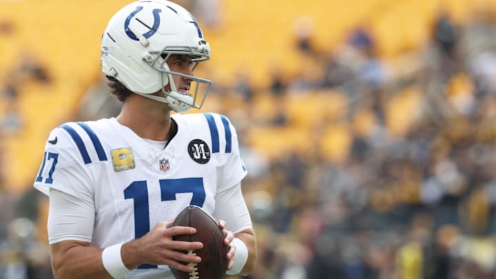 Nov 2, 2025; Pittsburgh, Pennsylvania, USA;  Indianapolis Colts quarterback Daniel Jones (17) warms up before the game against the Pittsburgh Steelers at Acrisure Stadium. Mandatory Credit: Charles LeClaire-Imagn Images