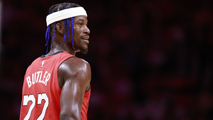 Dec 8, 2024; Miami, Florida, USA;  Miami Heat forward Jimmy Butler (22) smiles at the bench against the Cleveland Cavaliers during the second half at Kaseya Center. Mandatory Credit: Rhona Wise-Imagn Images