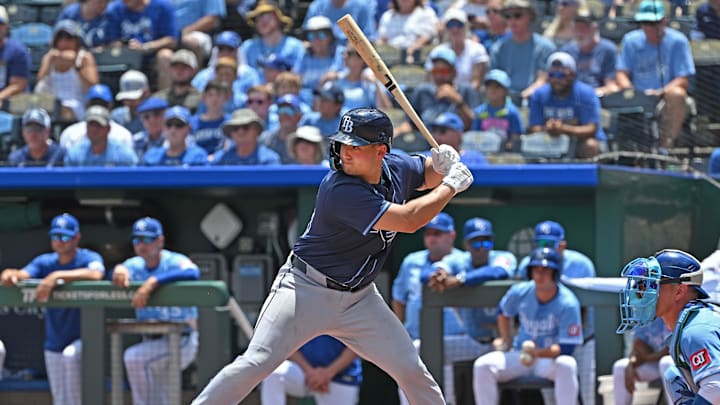 Jun 26, 2025; Kansas City, Missouri, USA;  Tampa Bay Rays catcher Matt Thaiss (34) at bat in the second inning against the Kansas City Royals at Kauffman Stadium. Mandatory Credit: Peter Aiken-Imagn Images