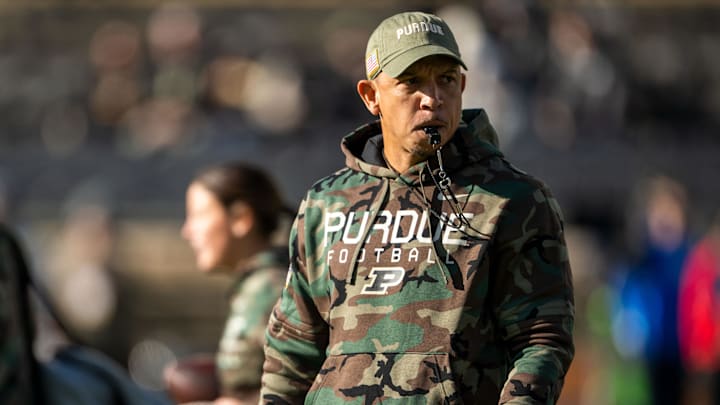 Purdue Boilermakers head coach Ryan Walters walks on the field