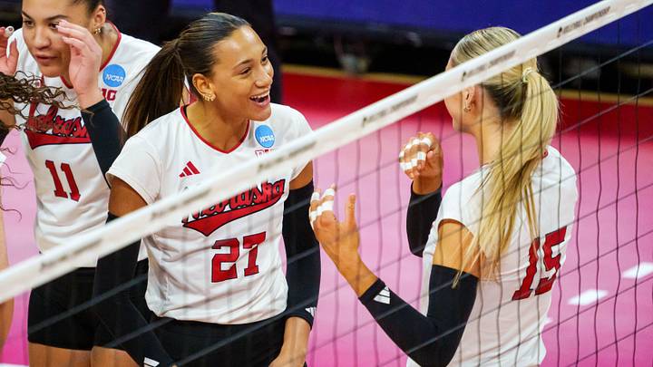 Harper Murray and middle blocker Andi Jackson react after a point against Texas A&M last season,. Harper Murray and middle blocker Andi Jackson react after a point against Texas A&M last season,.