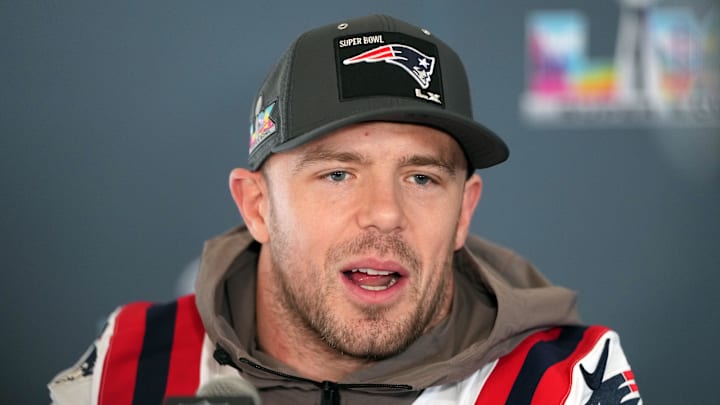 Feb 5, 2026; Santa Clara, CA, USA; New England Patriots linebacker Robert Spillane (14) talks to media members at the Santa Clara Marriott. Mandatory Credit: Darren Yamashita-Imagn Images