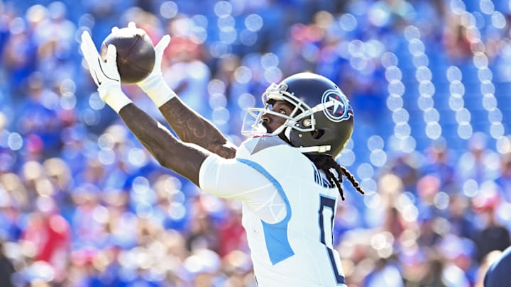 Oct 20, 2024; Orchard Park, New York, USA; Tennessee Titans wide receiver Calvin Ridley (0) warms up before a game against the Buffalo Bills at Highmark Stadium. Mandatory Credit: Mark Konezny-Imagn Images