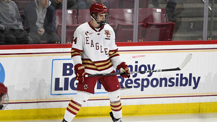 Feb 28, 2025; Chestnut Hill, MA, USA; Boston College forward Andre Gasseau (24) warms up before a game against the University of New Hampshire Wildcats at Conte Forum. Mandatory Credit: Eric Canha-Imagn Images