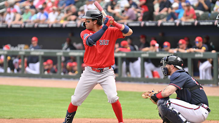 Feb 27, 2026; North Port, Florida, USA; Boston Red Sox second baseman Marcelo Mayer (11) bats in the second inning against the Atlanta Braves during spring training at CoolToday Park. Mandatory Credit: Jonathan Dyer-Imagn Images