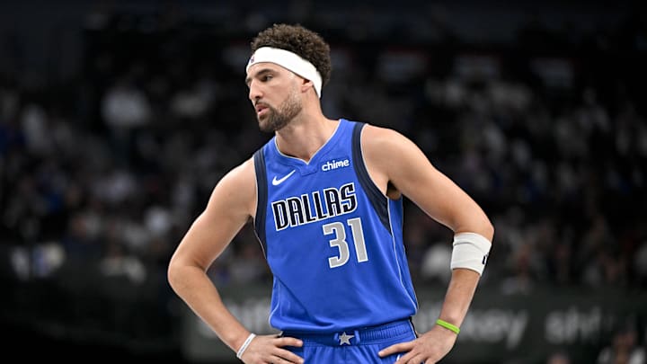 Mar 31, 2025; Dallas, Texas, USA; Dallas Mavericks guard Klay Thompson (31) during the game between the Dallas Mavericks and the Brooklyn Nets at the American Airlines Center. Mandatory Credit: Jerome Miron-Imagn Images