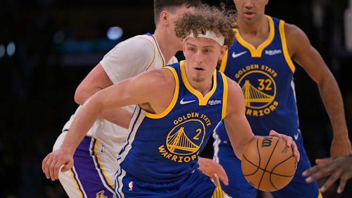 Oct 12, 2025; Los Angeles, California, USA; Golden State Warriors guard Brandin Podziemski (2) handles the ball during the second half at Crypto.com Arena. Oct 12, 2025; Los Angeles, California, USA; Golden State Warriors guard Brandin Podziemski (2) handles the ball during the second half at Crypto.com Arena.