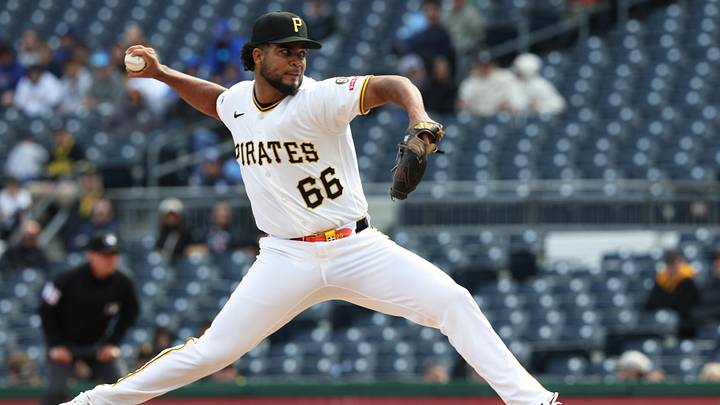 Apr 19, 2026; Pittsburgh, Pennsylvania, USA;  Pittsburgh Pirates relief pitcher Wilber Dotel (66) pitches in his major league debut against the Tampa Bay Rays during the ninth inning at PNC Park. Mandatory Credit: Charles LeClaire-Imagn Images