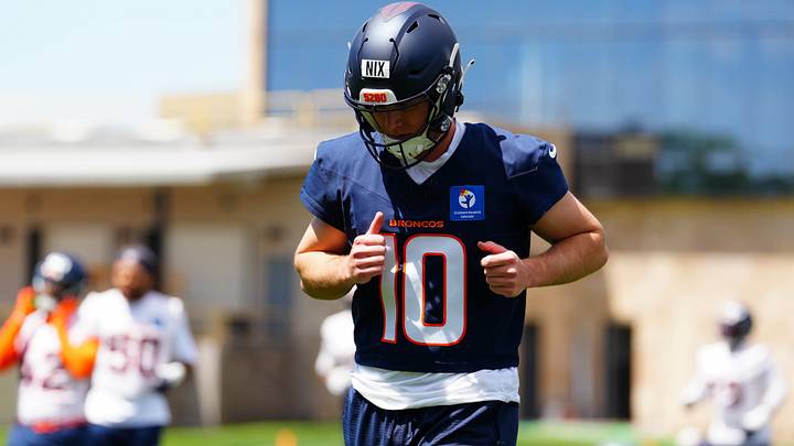Jun 16, 2026; Englewood, CO, USA; Denver Broncos quarterback Bo Nix (10) during mini camp at Broncos Park.