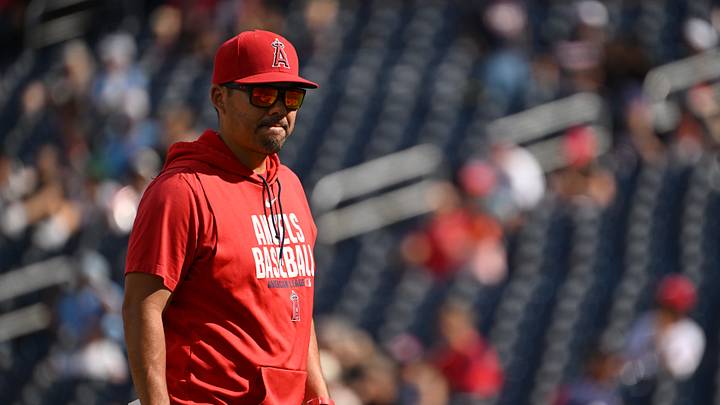 Sep 13, 2026; Washington, District of Columbia, USA; Los Angeles Angels manager Kurt Suzuki (8) walks back to the dugout after a visit to the mound against the Washington Nationals during the seventh inning at Nationals Park. Mandatory Credit: Rafael Suanes-Imagn Images Sep 13, 2026; Washington, District of Columbia, USA; Los Angeles Angels manager Kurt Suzuki (8) walks back to the dugout after a visit to the mound against the Washington Nationals during the seventh inning at Nationals Park. Mandatory Credit: Rafael Suanes-Imagn Images