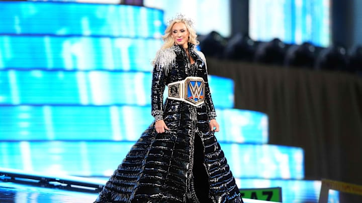 Charlotte Flair makes her entrance for WWE Wrestlemania Night 1 at SoFi Stadium.