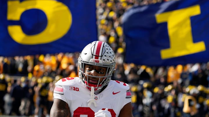 Ohio State Buckeyes running back TreVeyon Henderson takes the field before the game against the Michigan Wolverines at Michigan Stadium, Nov. 25, 2023.