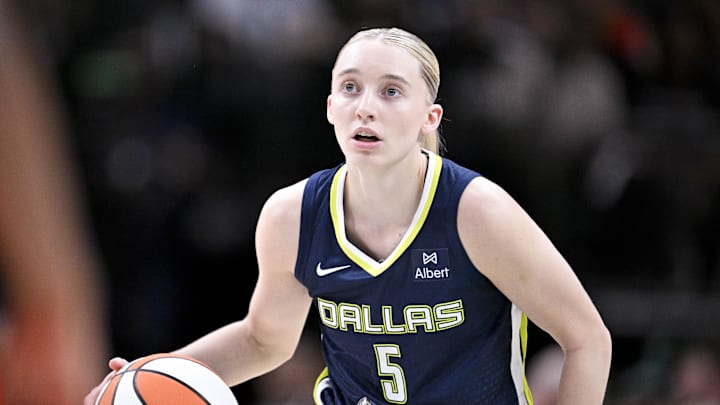 Paige Bueckers during a game against the Indiana Fever at the American Airlines Center. Paige Bueckers during a game against the Indiana Fever at the American Airlines Center.