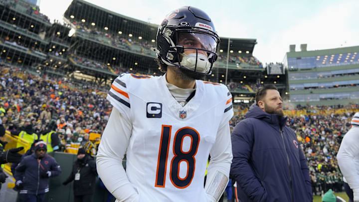 Jan 5, 2025; Green Bay, Wisconsin, USA;  Chicago Bears quarterback Caleb Williams (18) prior to the game against the Green Bay Packers at Lambeau Field. Mandatory Credit: Jeff Hanisch-Imagn Images
