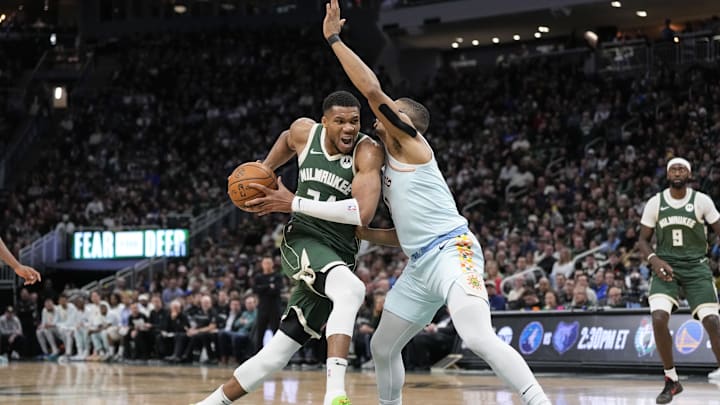 Jan 8, 2025; Milwaukee, Wisconsin, USA; Milwaukee Bucks forward Giannis Antetokounmpo (34) drives for the basket during the third quarter against the San Antonio Spurs at Fiserv Forum. Mandatory Credit: Jeff Hanisch-Imagn Images Jan 8, 2025; Milwaukee, Wisconsin, USA; Milwaukee Bucks forward Giannis Antetokounmpo (34) drives for the basket during the third quarter against the San Antonio Spurs at Fiserv Forum. Mandatory Credit: Jeff Hanisch-Imagn Images