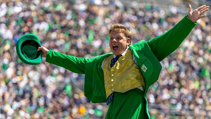 Notre Dame, IN, USA; The Notre Dame Leprechaun celebrates during the Blue-Gold game at Notre Dame Stadium. Notre Dame, IN, USA; The Notre Dame Leprechaun celebrates during the Blue-Gold game at Notre Dame Stadium.