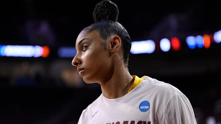 USC Trojans guard JuJu Watkins (12) during pregame warmups before an NCAA Tournament second round game against the Mississippi State Bulldogs at Galen Center. USC Trojans guard JuJu Watkins (12) during pregame warmups before an NCAA Tournament second round game against the Mississippi State Bulldogs at Galen Center.