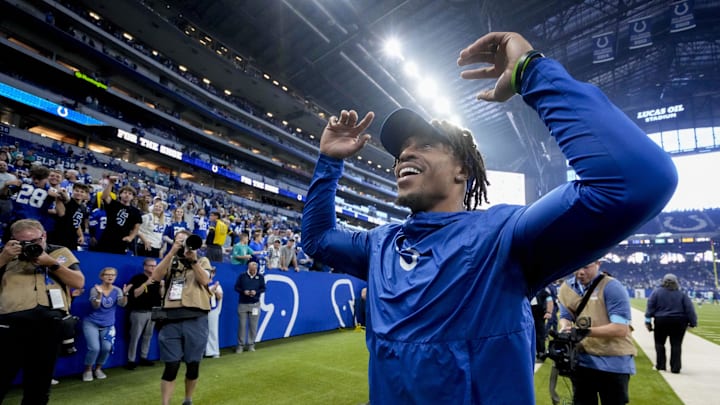 Oct 20, 2024; Indianapolis, Indiana, USA; Indianapolis Colts running back Jonathan Taylor (28) leaves the field Sunday, Oct. 20, 2024, after defeating the Miami Dolphins at Lucas Oil Stadium. Mandatory Credit: Grace Hollars/IndyStar USA TODAY Network via Imagn Images
