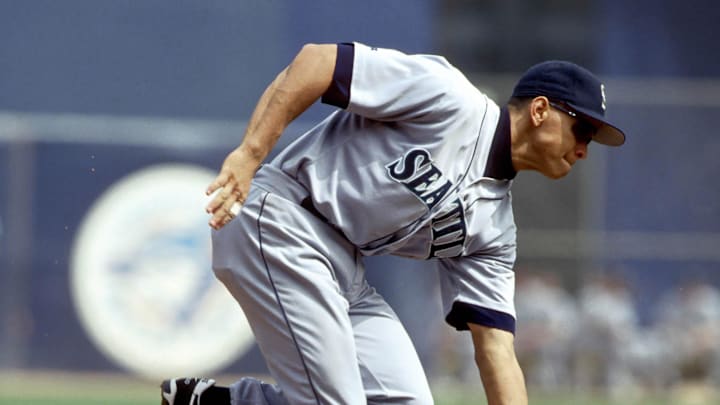 Seattle Mariners shortstop Alex Rodriguez in action against the California Angels at Anaheim Stadium during the 1996 season. 