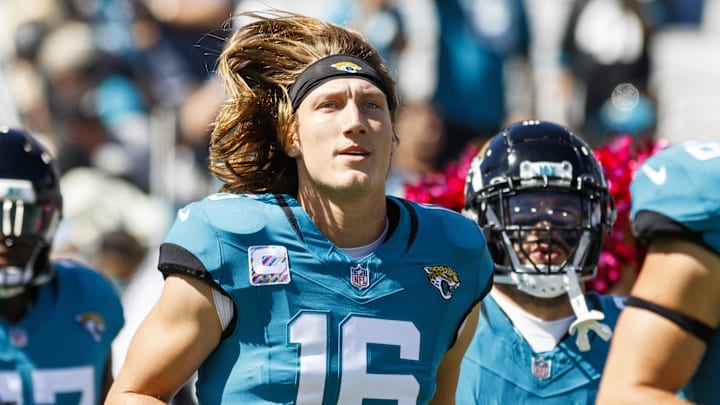 Oct 15, 2023; Jacksonville, Florida, USA; Jacksonville Jaguars quarterback Trevor Lawrence (16) at EverBank Stadium.