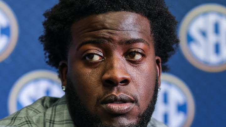 Jul 17, 2025; Atlanta, GA, USA; Texas A&M Aggies offensive lineman Ar’maj Reed-Adams answers questions from the media during the SEC Media Days at Omni Atlanta Hotel. Mandatory Credit: Jordan Godfree-Imagn Images