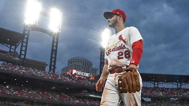 Aug 16, 2022; St. Louis, Missouri, USA;  St. Louis Cardinals third baseman Nolan Arenado (28) walks off the field after the fourth inning against the Colorado Rockies at Busch Stadium. Mandatory Credit: Jeff Curry-Imagn Images