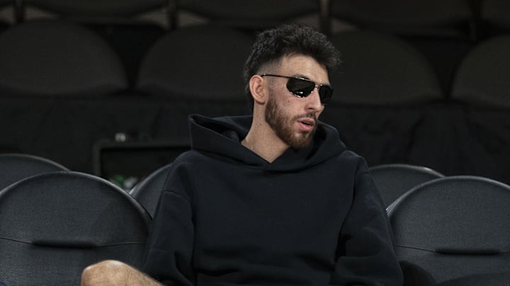 December 13, 2024; Las Vegas, Nevada, USA; Oklahoma City Thunder forward Chet Holmgren (7) sits during practice prior to the Emirates NBA Cup semi-finals at T-Mobile Arena. Mandatory Credit: Kyle Terada-Imagn Images December 13, 2024; Las Vegas, Nevada, USA; Oklahoma City Thunder forward Chet Holmgren (7) sits during practice prior to the Emirates NBA Cup semi-finals at T-Mobile Arena. Mandatory Credit: Kyle Terada-Imagn Images