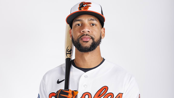 Feb 18, 2026; Sarasota, FL, USA; Baltimore Orioles outfielder Leody Taveras (30) poses for media day. Mandatory Credit: Morgan Tencza-Imagn Images