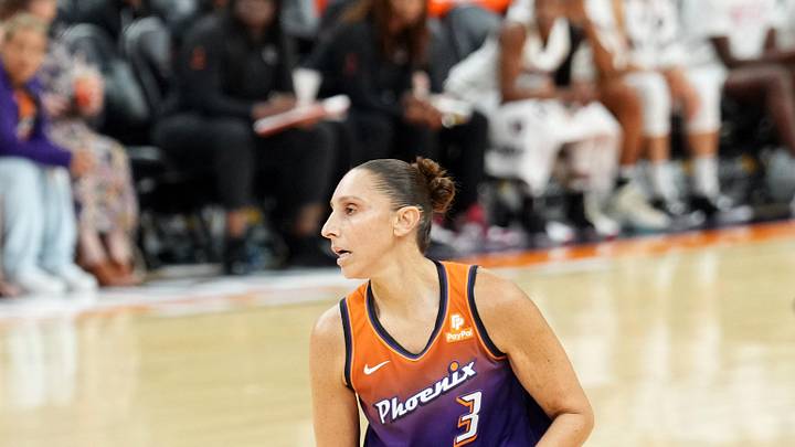 Aug 3, 2023; Phoenix, Arizona, USA; Phoenix Mercury guard Diana Taurasi (3) controls the ball against the Atlanta Dream during the first half at Footprint Center. Mandatory Credit: Joe Camporeale-Imagn Images