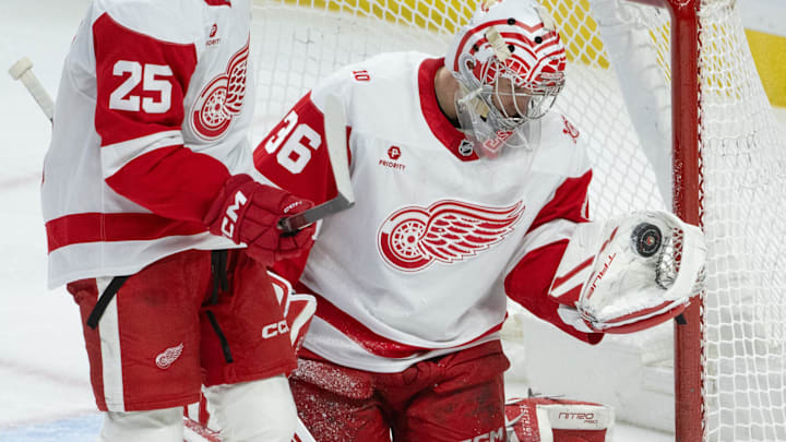 Jan 5, 2026; Ottawa, Ontario, CAN; Detroit Red Wings goalie John Ginson (36) makes a save in the third period against the Ottawa Senators at the Canadian Tire Centre. Mandatory Credit: Marc DesRosiers-IMAGN Images Jan 5, 2026; Ottawa, Ontario, CAN; Detroit Red Wings goalie John Ginson (36) makes a save in the third period against the Ottawa Senators at the Canadian Tire Centre. Mandatory Credit: Marc DesRosiers-IMAGN Images