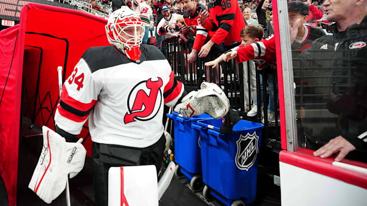 Apr 20, 2025; Raleigh, North Carolina, USA; New Jersey Devils goaltender Jake Allen (34) before game one of the first round of the 2025 Stanley Cup Playoffs at Lenovo Center. Mandatory Credit: James Guillory-Imagn Images