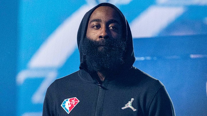 February 20, 2022; Cleveland, Ohio, USA; Team LeBron guard James Harden of the Philadelphia 76ers (13) before the 2022 NBA All-Star Game at Rocket Mortgage FieldHouse. Mandatory Credit: Kyle Terada-Imagn Images