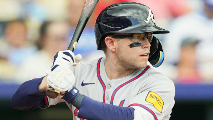Jul 30, 2025; Kansas City, Missouri, USA; Atlanta Braves shortstop Nick Allen (2) bats during the third inning against the Kansas City Royals at Kauffman Stadium. Mandatory Credit: Jay Biggerstaff-Imagn Images