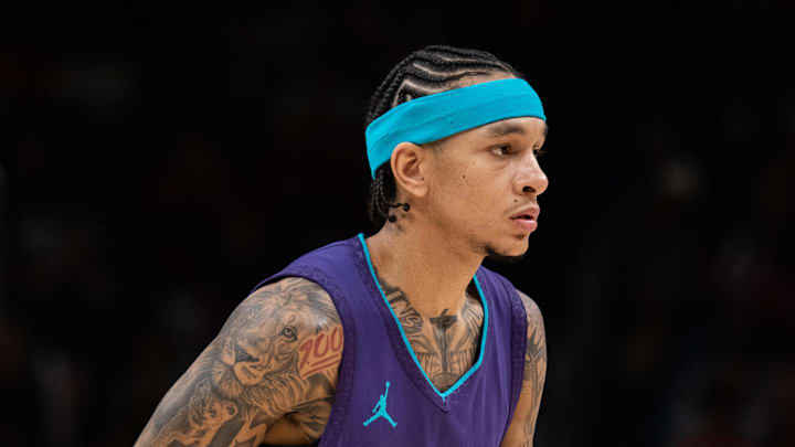 Oct 25, 2024; Atlanta, Georgia, USA; Charlotte Hornets guard Tre Mann (23) in the game against the Atlanta Hawks during the fourth quarter at State Farm Arena. Mandatory Credit: Jordan Godfree-Imagn Images Oct 25, 2024; Atlanta, Georgia, USA; Charlotte Hornets guard Tre Mann (23) in the game against the Atlanta Hawks during the fourth quarter at State Farm Arena. Mandatory Credit: Jordan Godfree-Imagn Images