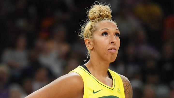 Aug 5, 2023; Phoenix, Arizona, USA; Seattle Storm center Mercedes Russell (21) looks on against the Phoenix Mercury during the second half at Footprint Center. Mandatory Credit: Joe Camporeale-Imagn Images