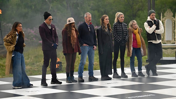 THE TRAITORS -- "A Silent Assassin" Episode 309 -- Pictured: (l-r) Dolores Catania, Tom Sandoval, Danielle Reyes, Lord Ivar Mountbatten, Gabby Windey, Carolyn Wiger, Britney Haynes, Dylan Efron -- (Photo by: Euan Cherry/PEACOCK)