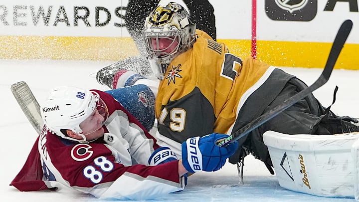Dec 27, 2025; Las Vegas, Nevada, USA; Colorado Avalanche center Martin Necas (88) collides with Vegas Golden Knights goaltender Carter Hart (79) after scoring a goal during a shoot out at T-Mobile Arena. Mandatory Credit: Stephen R. Sylvanie-Imagn Images Dec 27, 2025; Las Vegas, Nevada, USA; Colorado Avalanche center Martin Necas (88) collides with Vegas Golden Knights goaltender Carter Hart (79) after scoring a goal during a shoot out at T-Mobile Arena. Mandatory Credit: Stephen R. Sylvanie-Imagn Images