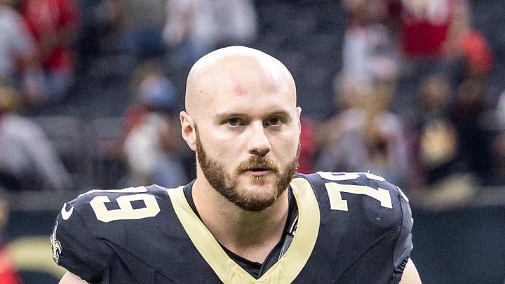 Sep 14, 2025; New Orleans, Louisiana, USA;  New Orleans Saints guard Luke Fortner (79) heads off the field after the game against the San Francisco 49ers at Caesars Superdome. Mandatory Credit: Stephen Lew-Imagn Images