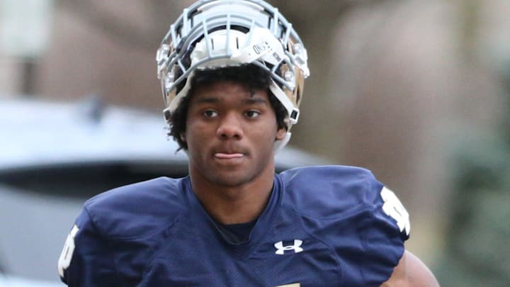 Notre Dame wide receiver Cam Williams (17) at Notre Dame spring football practice Thursday, March 7, 2024, at the Irish Athletics Center in South Bend.