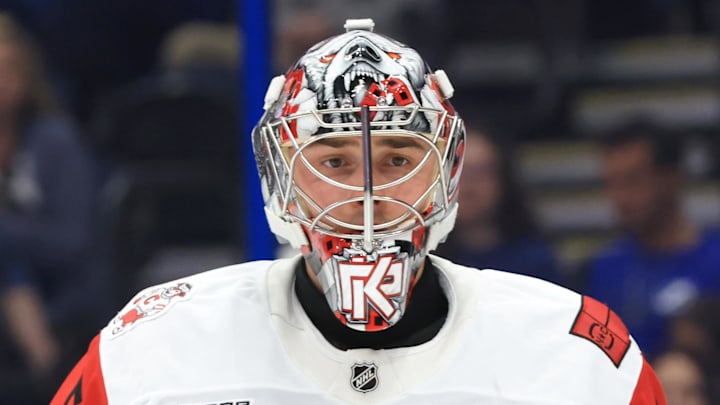 Dec 18, 2025; Tampa, Florida, USA; Carolina Hurricanes goaltender Pyotr Kochetkov (52) looks on against the Tampa Bay Lightning during the first period at Benchmark International Arena. Mandatory Credit: Kim Klement Neitzel-Imagn Images
