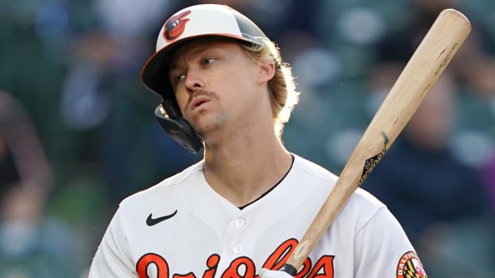 May 9, 2023; Baltimore, Maryland, USA; Baltimore Orioles outfielder Kyle Stowers (28) reacts to being called out on strikes in the third inning against the Tampa Bay Rays at Oriole Park at Camden Yards May 9, 2023; Baltimore, Maryland, USA; Baltimore Orioles outfielder Kyle Stowers (28) reacts to being called out on strikes in the third inning against the Tampa Bay Rays at Oriole Park at Camden Yards