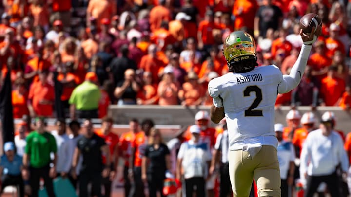 Wake Forest's Robby Ashford (2) attempting a pass against the Virginia Tech Hokies, Oct. 4, 2025. Wake Forest's Robby Ashford (2) attempting a pass against the Virginia Tech Hokies, Oct. 4, 2025.