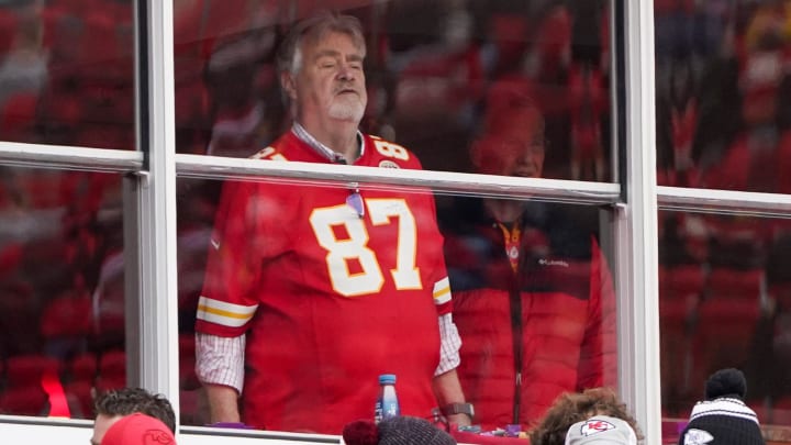 Kansas City Chiefs tight end Travis Kelce (87) father Ed watches warm ups against the Las Vegas Raiders prior to a game at GEHA Field at Arrowhead Stadium. Kansas City Chiefs tight end Travis Kelce (87) father Ed watches warm ups against the Las Vegas Raiders prior to a game at GEHA Field at Arrowhead Stadium.